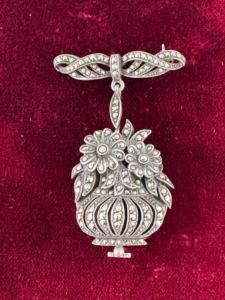 Bucherer Vintage Marcasite Flower Basket Peekaboo Brooch Watch